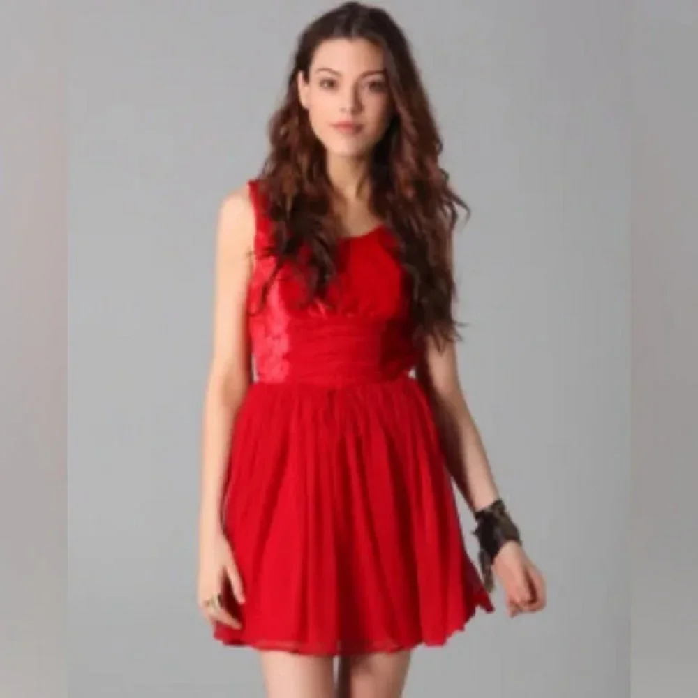 Free People Red Velvet/Chiffon Ballerina Dress - Picture 3 of 12
